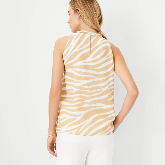 New Ann Taylor Medium Cream Tan Zebra Print Ruffle Smocked Neck Sleeveless Top - Picture 12 of 12